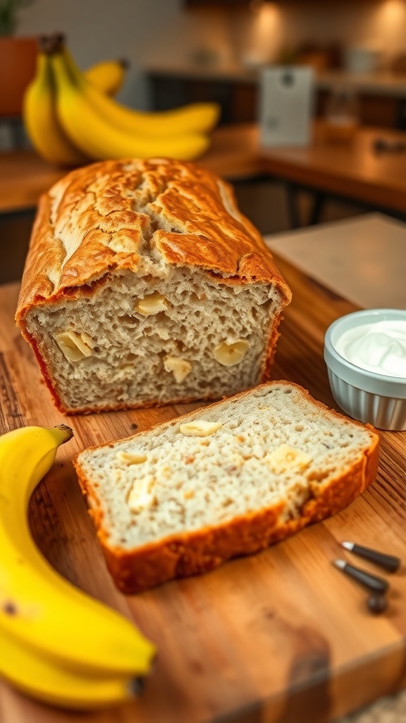 A loaf of banana bread sliced on a cutting board, with ripe bananas and Greek yogurt in the background.